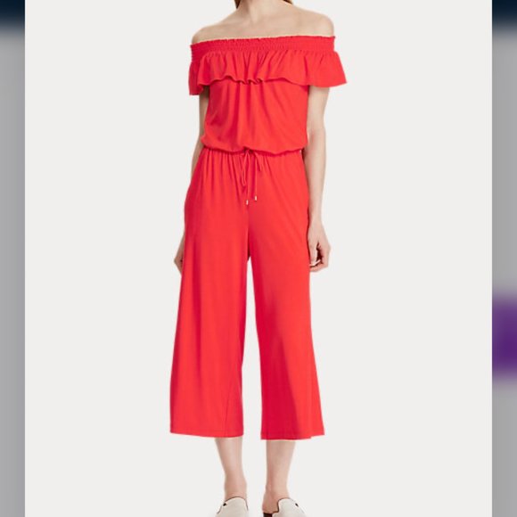 Ralph Lauren Pants - Ralph Lauren Ruffled Off The Shoulder Wide Legged Cropped Red Jumpsuit Small